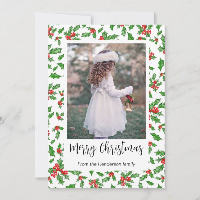 Modern Red And Green Holly Merry Christmas Photo Holiday Card (Front)