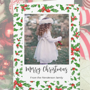 Modern Red And Green Holly Merry Christmas Photo Holiday Card