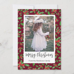 Modern Red And Green Holly Merry Christmas Photo Holiday Card