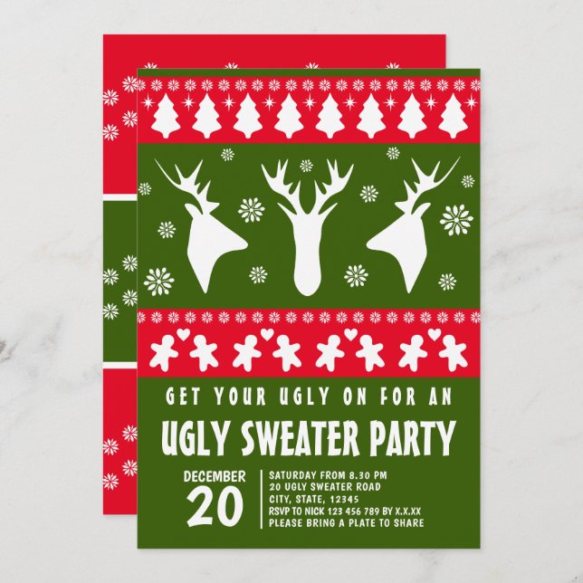 Modern Red and Green Reindeer Ugly Sweater Party Invitation (Front/Back)