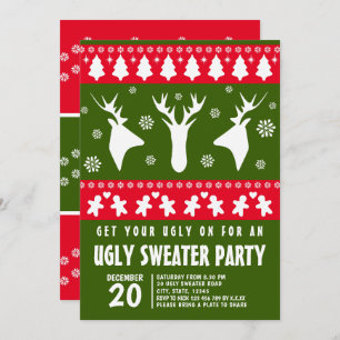 Modern Red and Green Reindeer Ugly Sweater Party Invitation