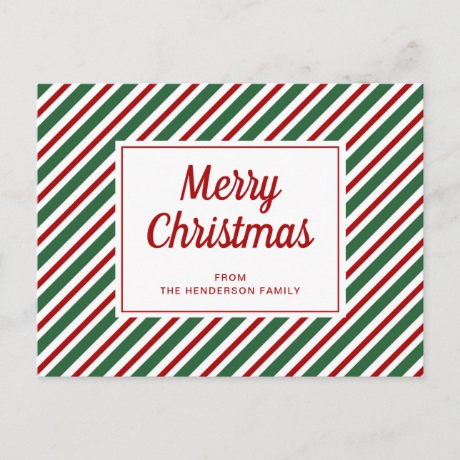 Modern Red And Green Striped Christmas Postcard (Front)