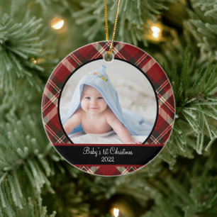 Modern Red and Green Tartan Plaid Baby Photo Ceramic Tree Decoration