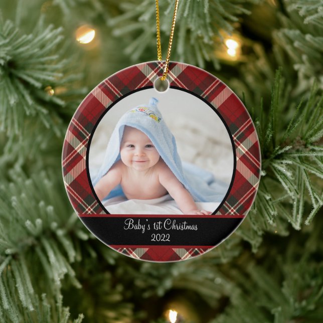 Modern Red and Green Tartan Plaid Baby Photo Ceramic Tree Decoration (Tree)