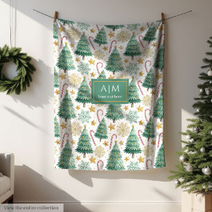 Modern red and green watercolor Christmas trees Fleece Blanket