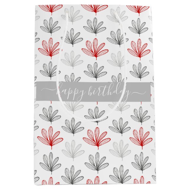 Modern Red and Grey Floral  Pattern Birthday Medium Gift Bag (Front)