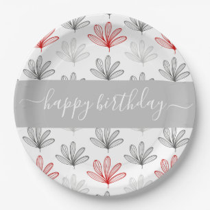 Modern Red and Grey Floral Pattern Birthday Paper Plate