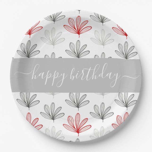 Modern Red and Grey Floral  Pattern Birthday Paper Plate (Front)