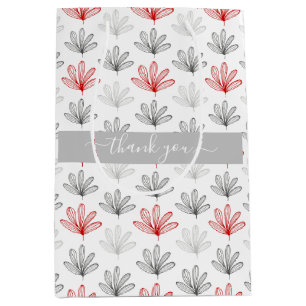 Modern Red and Grey Floral  Pattern Thank You Medium Gift Bag