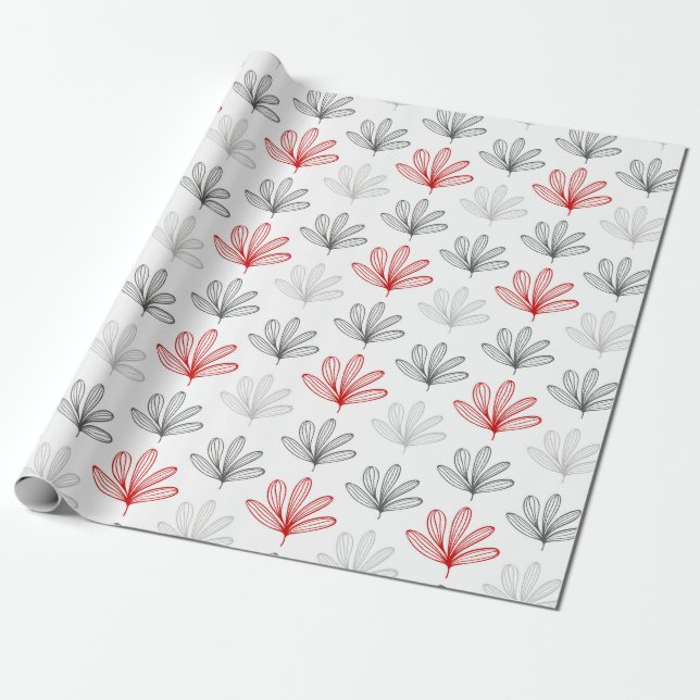 Modern Red and Grey Floral  Pattern Wrapping Paper (Unrolled)