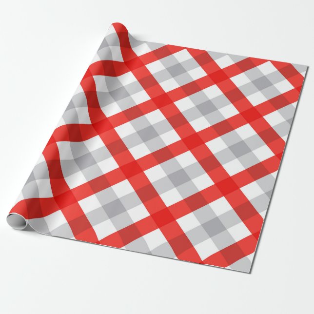 Modern Red and Grey Plaid Pattern Wrapping Paper (Unrolled)