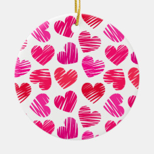 Modern Red and Pink Doodled Hearts Valentine Ceramic Tree Decoration