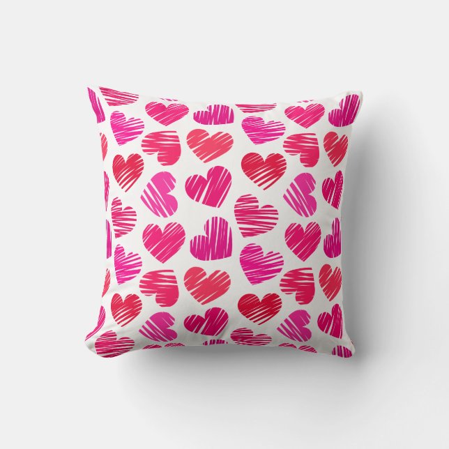 Modern Red and Pink Doodled Hearts Valentine Cushion (Front)