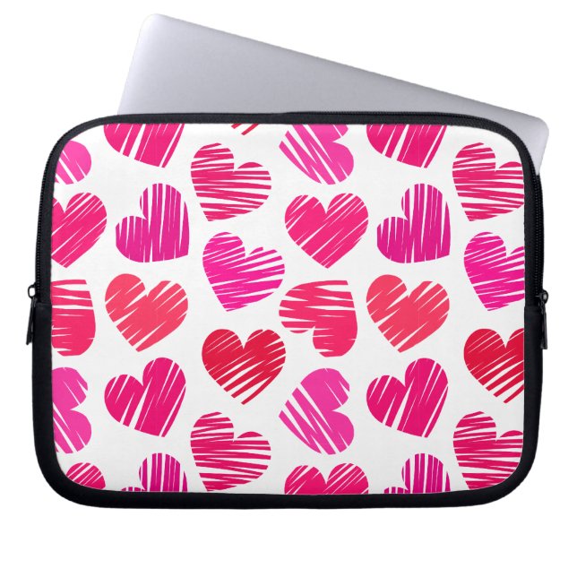 Modern Red and Pink Doodled Hearts Valentine Laptop Sleeve (Front)