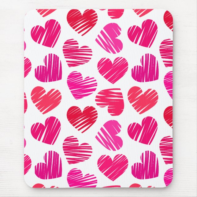Modern Red and Pink Doodled Hearts Valentine Mouse Mat (Front)