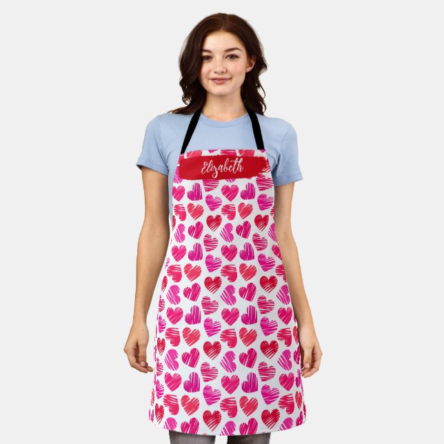 Modern Red and Pink Doodled Hearts Valentine Name  Apron (Worn)