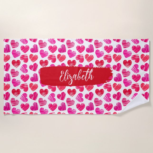 Modern Red and Pink Doodled Hearts Valentine Name  Beach Towel (Front)
