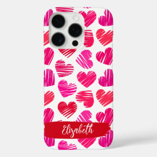Modern Red and Pink Doodled Hearts Valentine Name iPhone 16 Pro Case