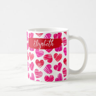 Modern Red and Pink Doodled Hearts Valentine Name Coffee Mug