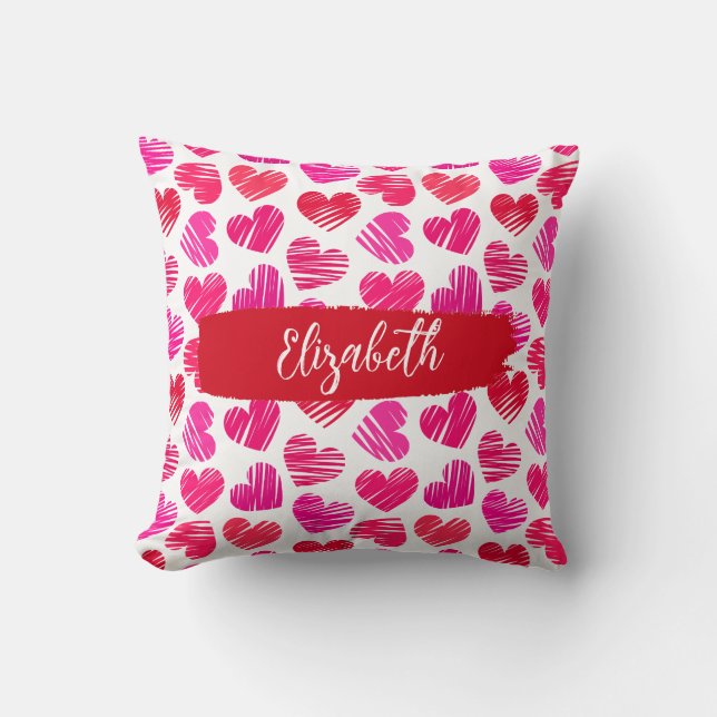 Modern Red and Pink Doodled Hearts Valentine Name  Cushion (Front)