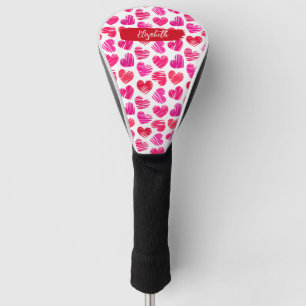 Modern Red and Pink Doodled Hearts Valentine Name Golf Head Cover