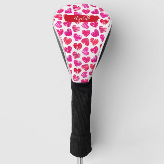 Modern Red and Pink Doodled Hearts Valentine Name  Golf Head Cover (Front)