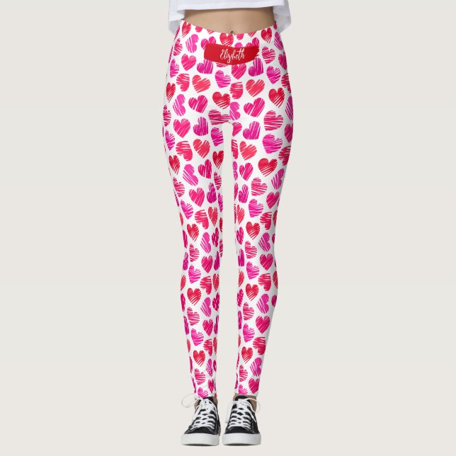 Modern Red and Pink Doodled Hearts Valentine Name  Leggings (Front)