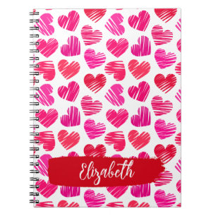 Modern Red and Pink Doodled Hearts Valentine Name Notebook