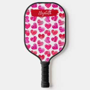 Modern Red and Pink Doodled Hearts Valentine Name  Pickleball Paddle