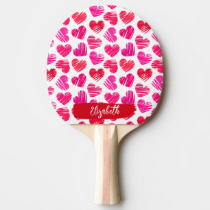 Modern Red and Pink Doodled Hearts Valentine Name  Ping Pong Paddle