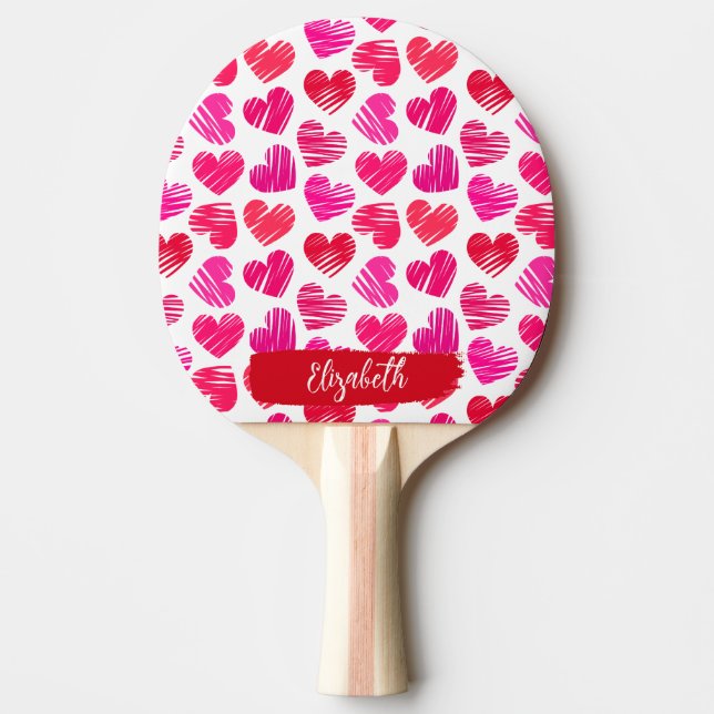 Modern Red and Pink Doodled Hearts Valentine Name  Ping Pong Paddle (Front)
