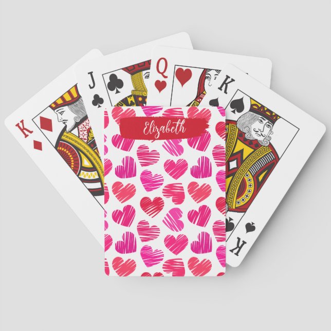 Modern Red and Pink Doodled Hearts Valentine Name  Playing Cards (Back)