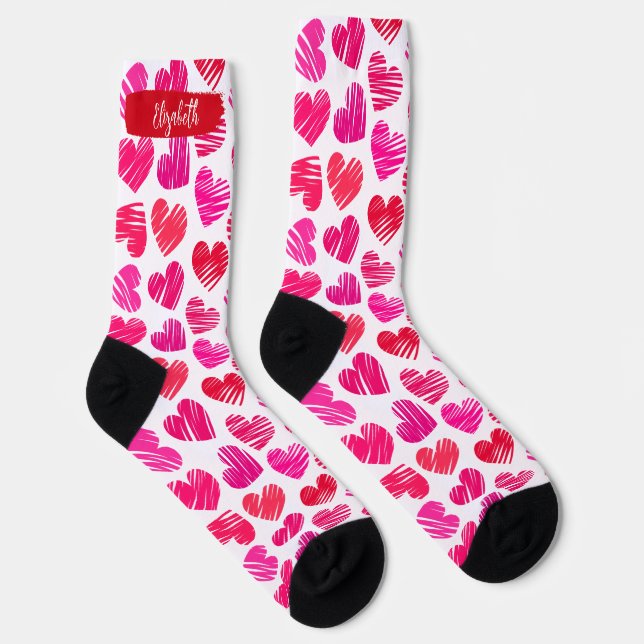 Modern Red and Pink Doodled Hearts Valentine Name  Socks (Right)