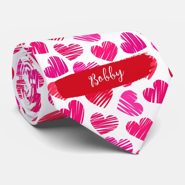 Modern Red and Pink Doodled Hearts Valentine Name  Tie (Rolled)