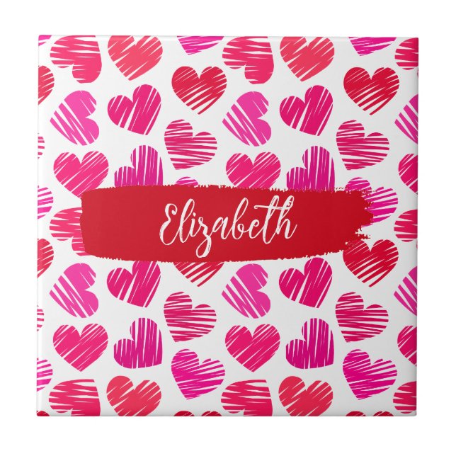 Modern Red and Pink Doodled Hearts Valentine Name  Tile (Front)
