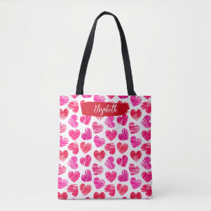 Modern Red and Pink Doodled Hearts Valentine Name  Tote Bag