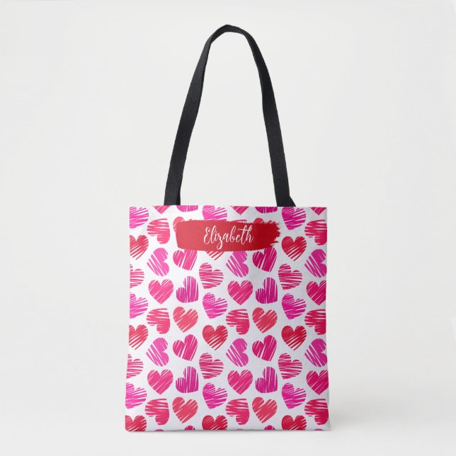 Modern Red and Pink Doodled Hearts Valentine Name  Tote Bag (Front)
