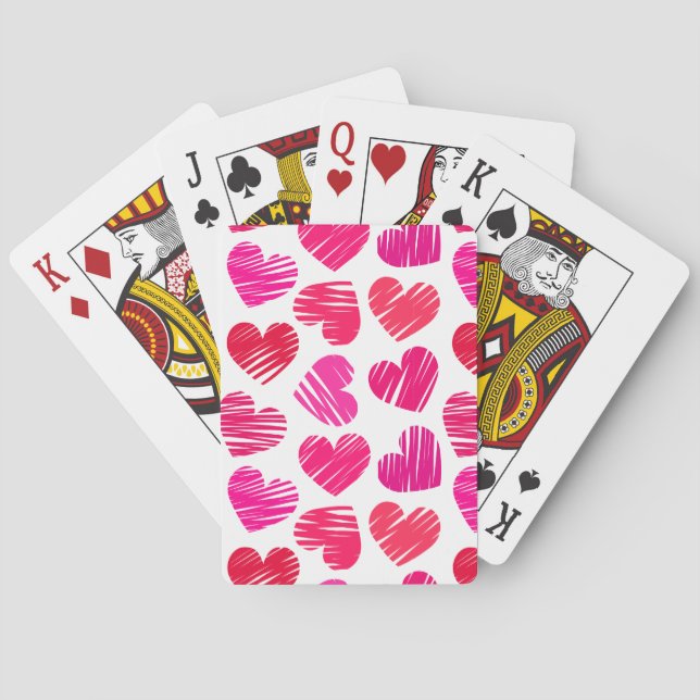 Modern Red and Pink Doodled Hearts Valentine Playing Cards (Back)