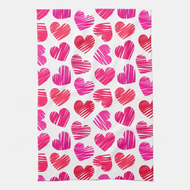 Modern Red and Pink Doodled Hearts Valentine Tea Towel (Vertical)