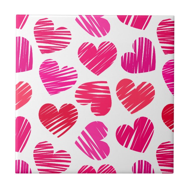 Modern Red and Pink Doodled Hearts Valentine Tile (Front)