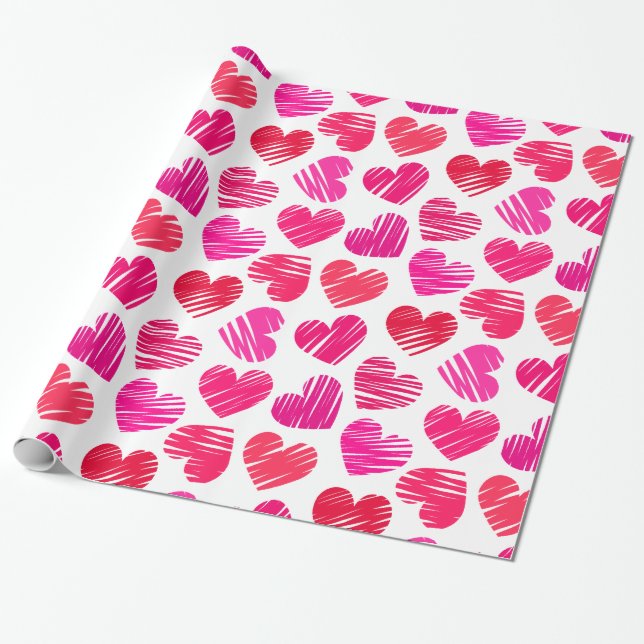 Modern Red and Pink Doodled Hearts Valentine Wrapping Paper (Unrolled)