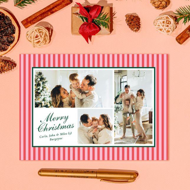 Modern Red and Pink Stripe 3 Photo Christmas Card (Creator Uploaded)