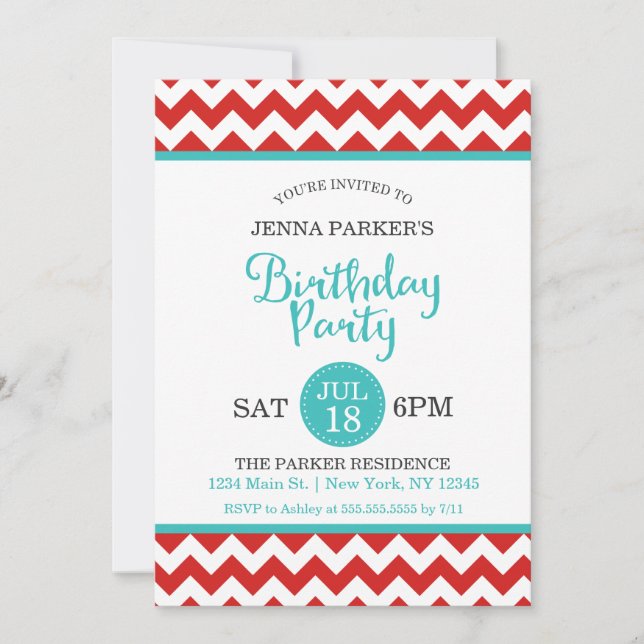 Modern Red and Turquoise Chevron Birthday Party Invitation (Front)