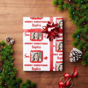 Modern Red and White 1 Photo Merry Christmas Wrapping Paper