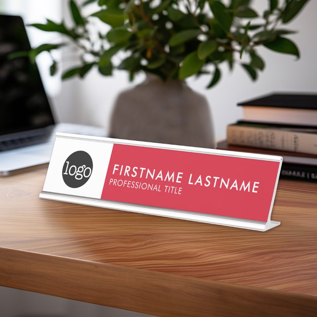 Modern Red and White - Add Logo, Name, Title Desk Name Plate (Personalized Professional Name Plate)