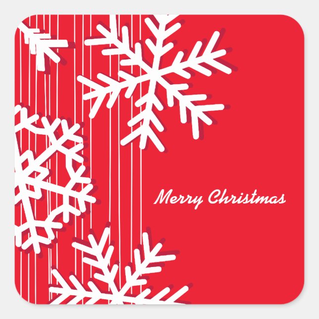 Modern red and white Christmas white snowflakes Square Sticker (Front)