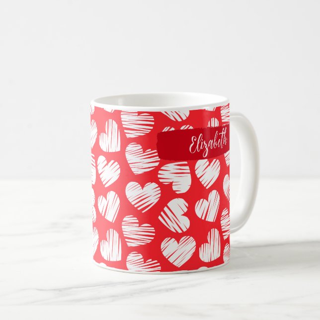 Modern Red and White Doodled Heart Valentine Name Coffee Mug (Front Right)