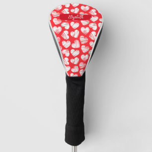 Modern Red and White Doodled Heart Valentine Name Golf Head Cover