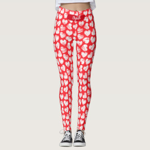 Modern Red and White Doodled Heart Valentine Name Leggings