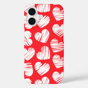 Modern Red and White Doodled Heart Valentine's Day iPhone 16 Case